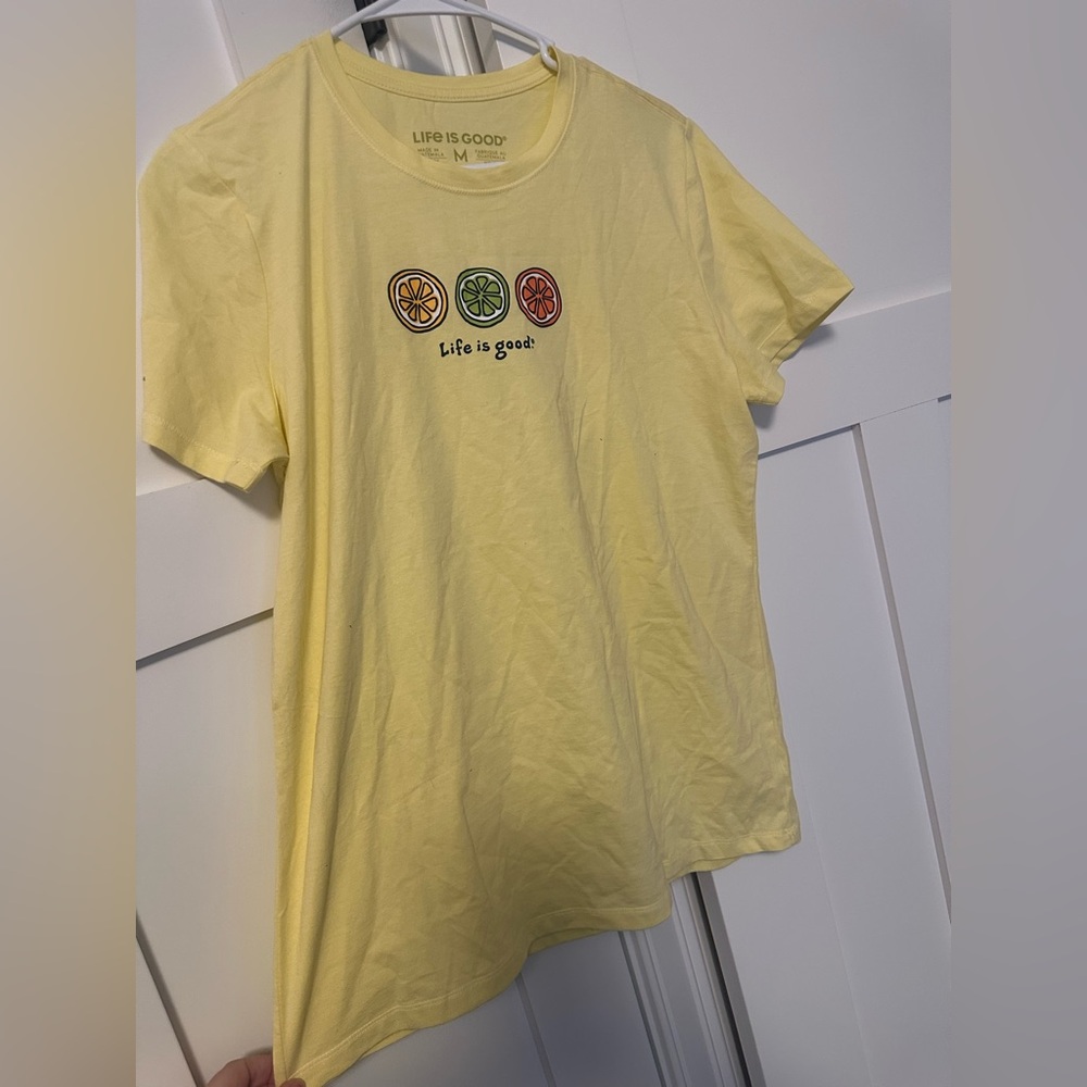 Life Is Good Sunny Yellow Tee with Fruit Motif